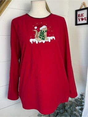 Women’s CB Casual Red Christmas Fleece Pullover Kitten With Hat & Scarf Small